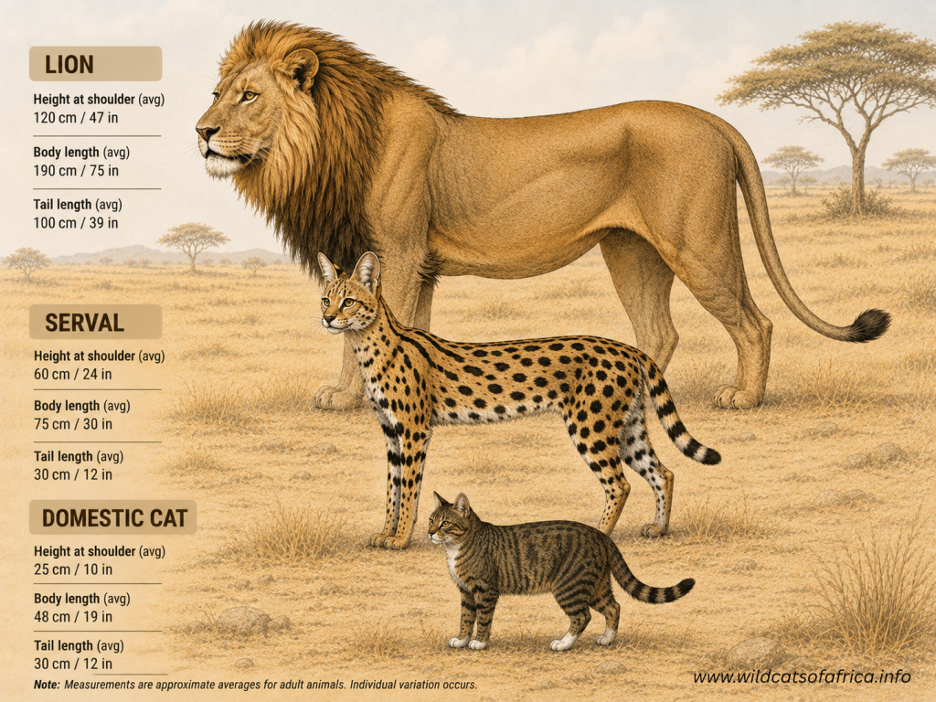 Serval Cat Size Comparison to Lion and Domestic Cat